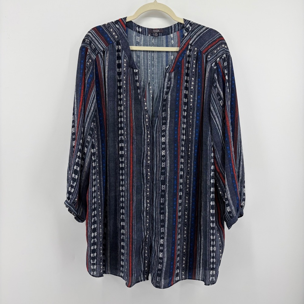 NYDJ Tunic Navy Blue Women 3X Striped Split Neck 3/4 Sleeve Boho Relaxed Top